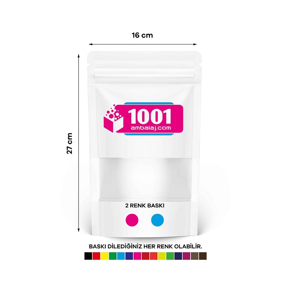 16X27 Cm 2 Baskılı Beyaz Renkli Pencereli Tek Taraf İki Renk Doypack Torba 500 Gr /11/