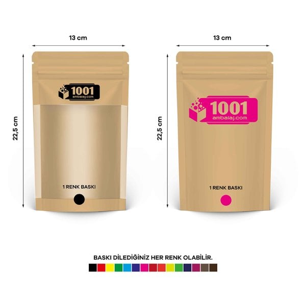 13X22,5 Cm 2 Baskılı Kraft Renkli Geniş Pencereli İki Taraf Tek Renk Doypack Torba 250 Gr /45/