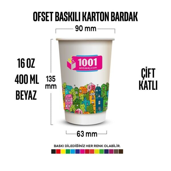 Ofset Baskılı 16 Oz Karton Bardak Çift Kat Duvarlı Beyaz Sicak Soğuk