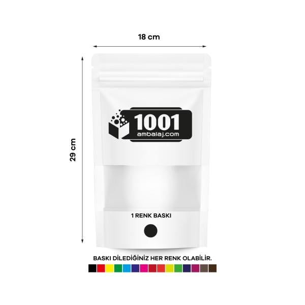 18X29 Cm 1 Baskılı Beyaz Renkli Pencereli Tek Taraf Tek Renk Doypack Torba 750 Gr /12/