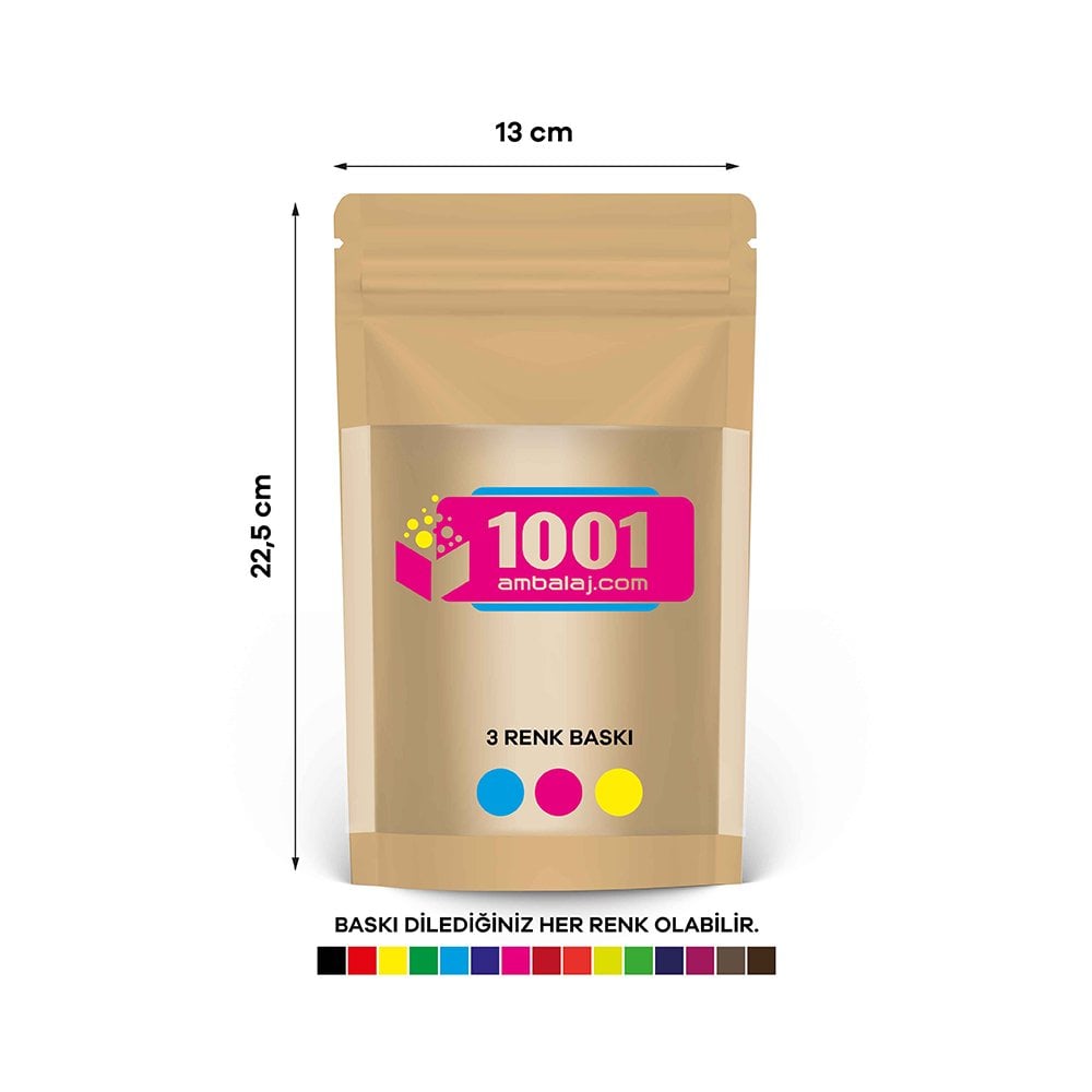 13X22,5 Cm 3 Baskılı Kraft Renkli Geniş Pencereli Tek Taraf Üç Renk Doypack Torba 250 Gr /45/