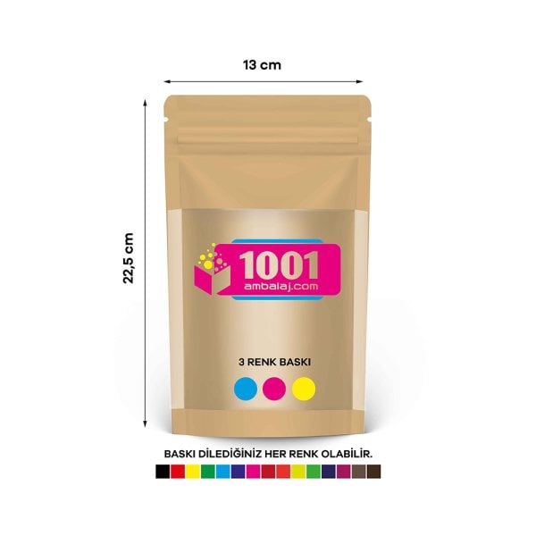 13X22,5 Cm 3 Baskılı Kraft Renkli Geniş Pencereli Tek Taraf Üç Renk Doypack Torba 250 Gr /45/