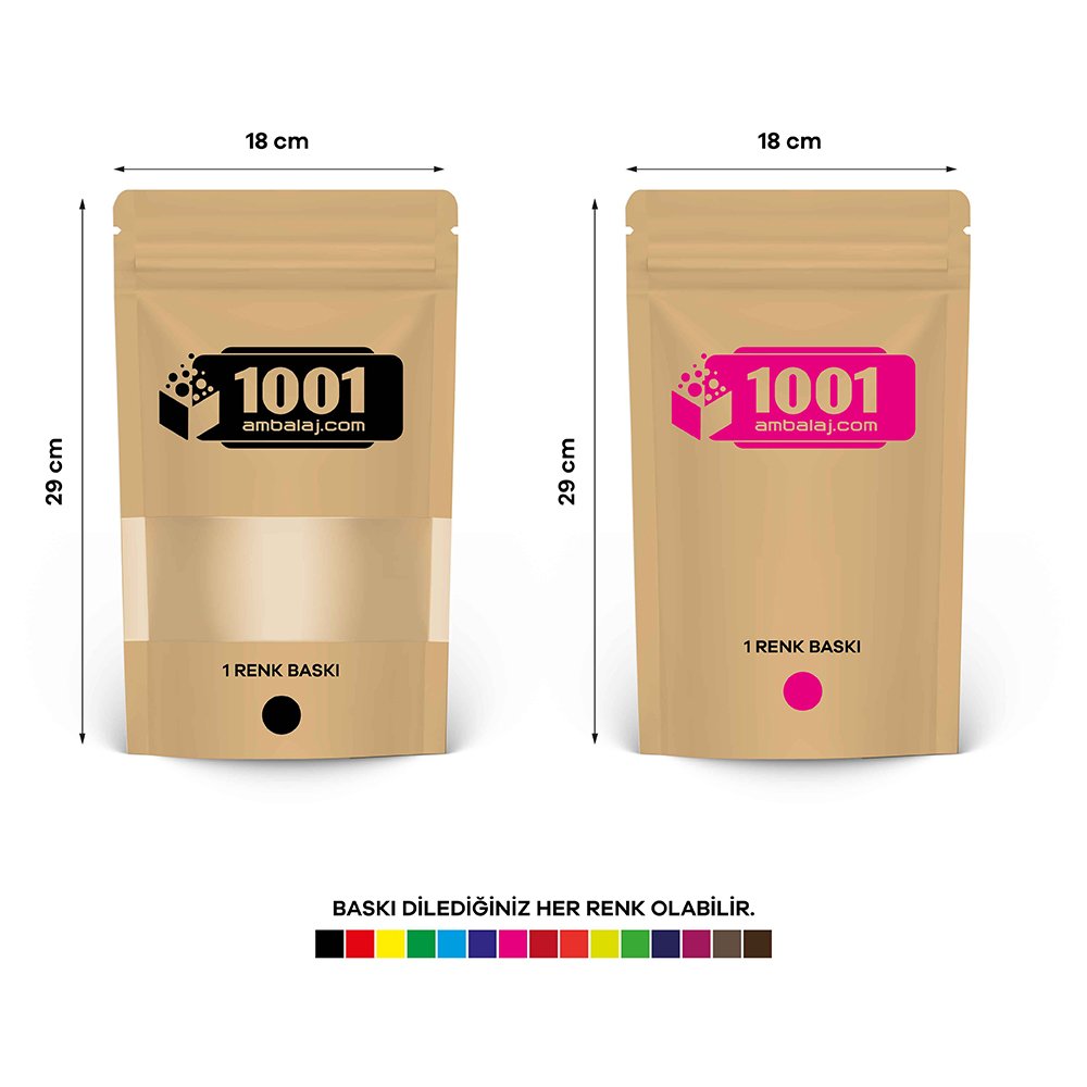 18X29 Cm 2 Baskılı Kraft Renkli Pencereli İki Taraf Tek Renk Doypack Torba 750 Gr /41/