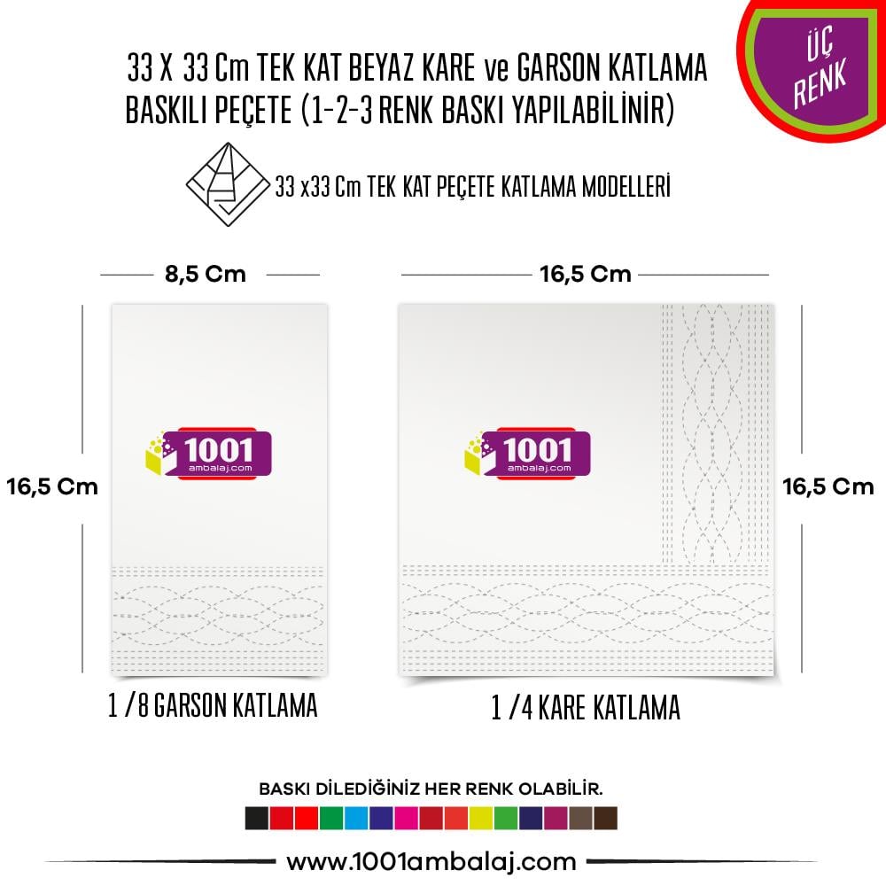 Baskılı Peçete 33X33 Cm 1-2-3 Renk Baskılı Tek Kat Beyaz Kare Ve Garson Katlama Peçete