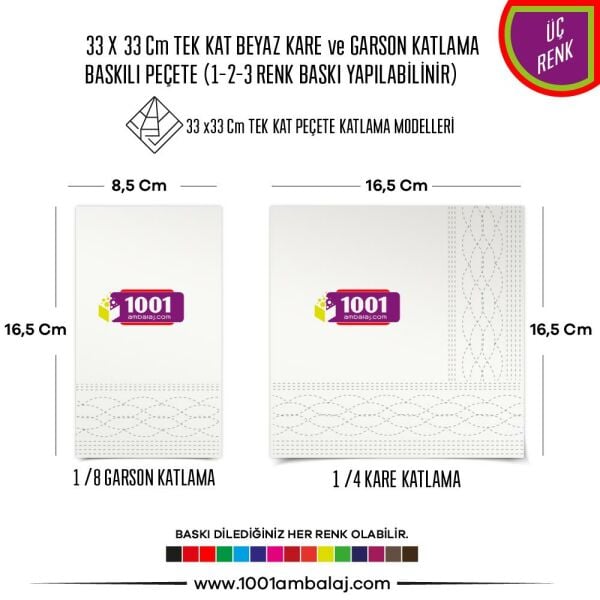 Baskılı Peçete 33X33 Cm 1-2-3 Renk Baskılı Tek Kat Beyaz Kare Ve Garson Katlama Peçete
