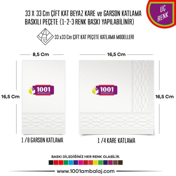 Baskılı Peçete 33X33 Cm 1-2-3 Renk Baskılı Çift Kat Beyaz Kare Ve Garson Katlama Peçete