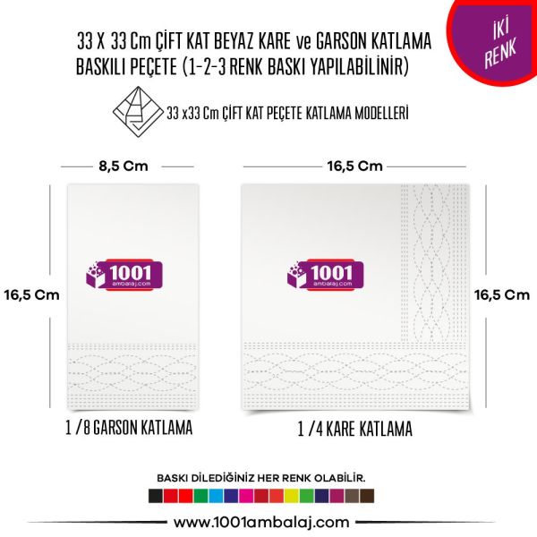 Baskılı Peçete 33X33 Cm 1-2-3 Renk Baskılı Çift Kat Beyaz Kare Ve Garson Katlama Peçete