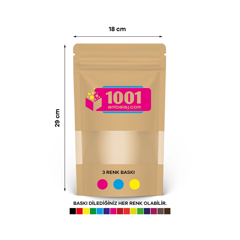 18X29 Cm 3 Baskılı Kraft Renkli Pencereli Tek Taraf Üç Renk Doypack Torba 750 Gr /41/