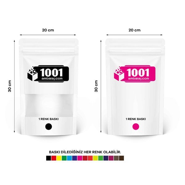 20X30 Cm 2 Baskılı Beyaz Renkli Pencereli İki Taraf Tek Renk Doypack Torba 1000 Gr /13/