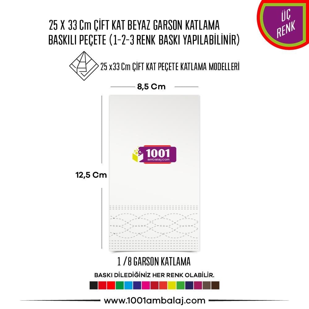Baskılı Peçete 25X33 Cm 1-2-3 Renk Baskılı Çift Kat Beyaz Garson Katlama Peçete