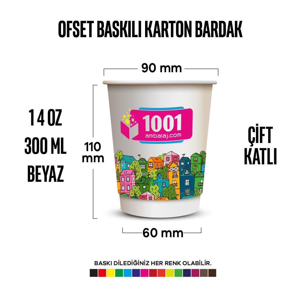 Ofset Baskılı 14 Oz Karton Bardak Çift Kat Duvarlı Beyaz Sicak Soğuk