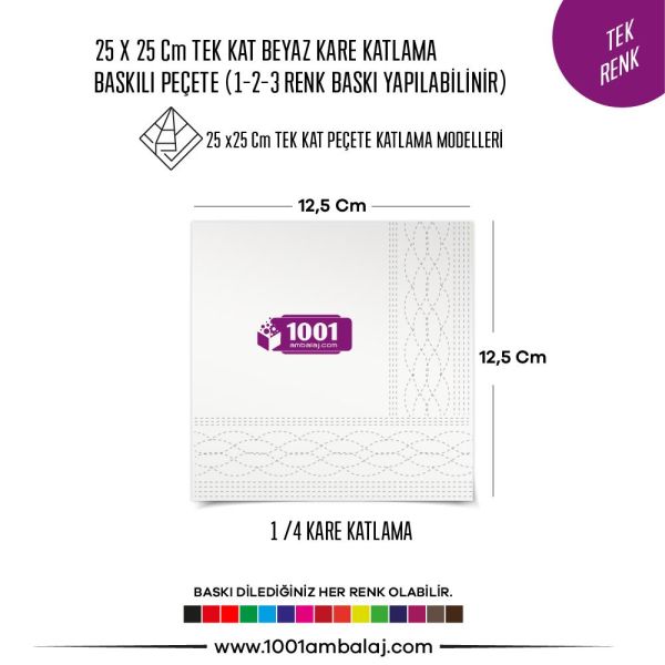 Baskılı Peçete 25X25 Cm 1-2-3 Renk Baskılı Tek Kat Beyaz Kare Katlama Peçete