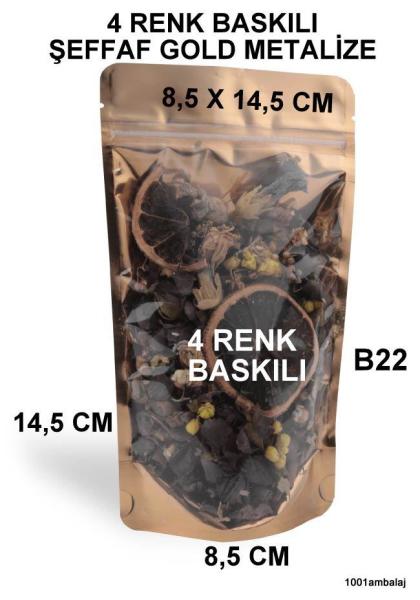 8,5X14,5 Cm 4 Baskılı Ön Şeffaf Arka Gold Metalize Renk İki Taraf İki Renk Doypack Torba 50 Gr /48/