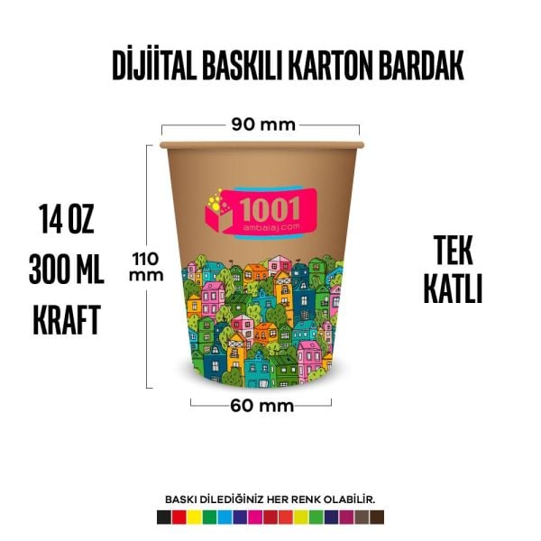 Dijital Baskılı 14 Oz Karton Bardak Tek Kat Duvarlı Kraft Sicak Soğuk