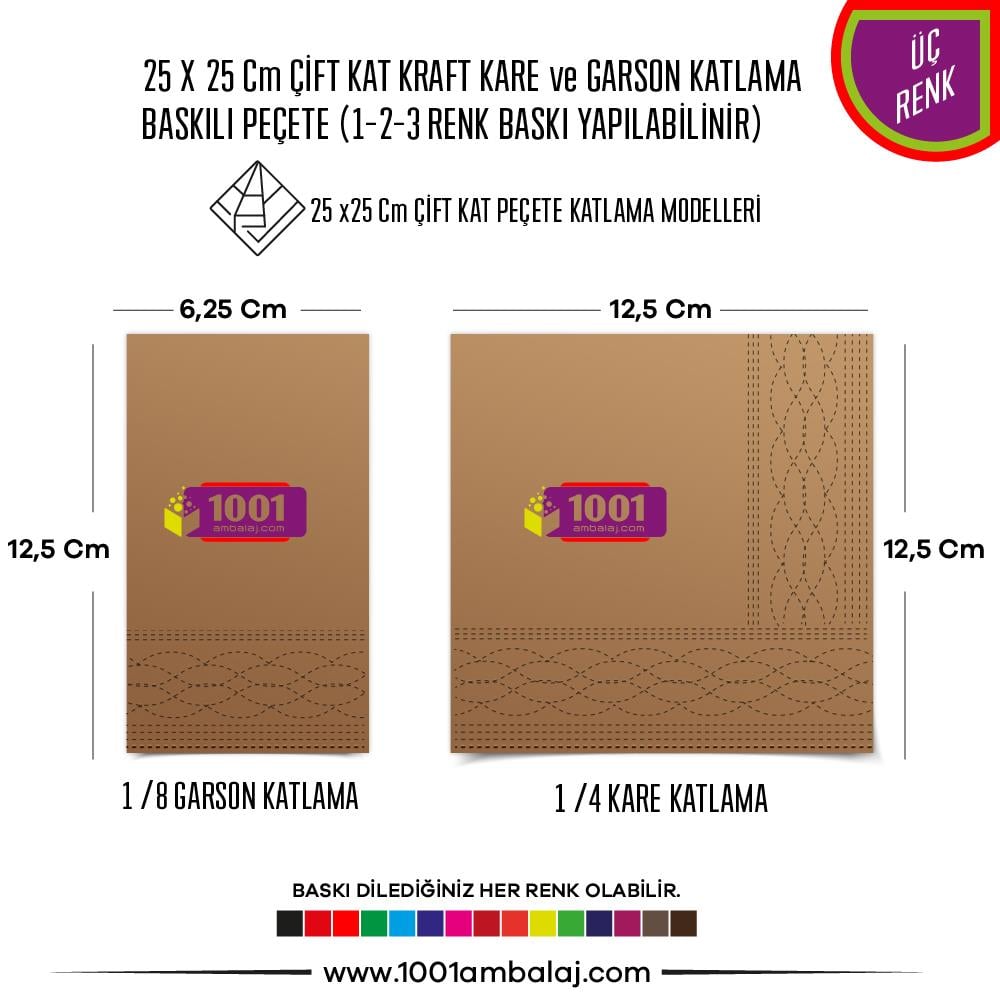 Baskılı Peçete 25X25 Cm 1-2-3 Renk Baskılı Çift Kat Kraft Kare Ve Garson Katlama Peçete