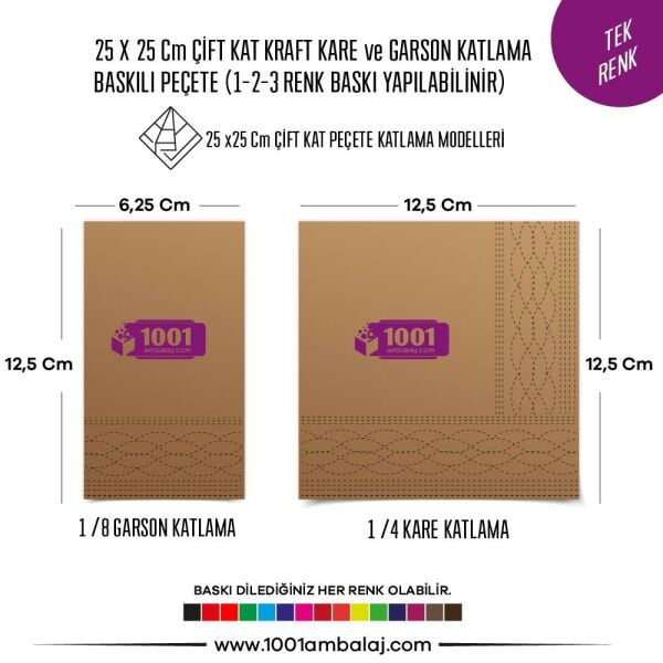 Baskılı Peçete 25X25 Cm 1-2-3 Renk Baskılı Çift Kat Kraft Kare Ve Garson Katlama Peçete