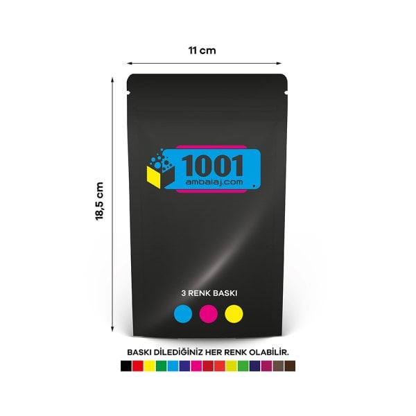 11X18,5 Cm 3 Baskılı Siyah Renkli Tek Taraf Üç Renk Doypack Torba 100 Gr /62/