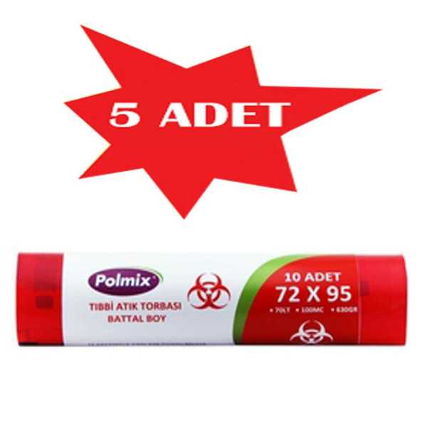 Çöp Torbası Polmix Tibbi Atik 72X95 Çift Kat Kırmızı 5 Paket