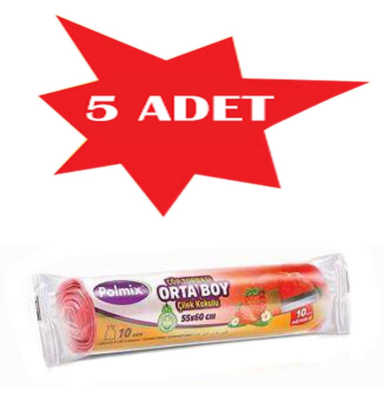 Çöp Torbası Polmix Büzgülü Orta 55X60 Çilek Kokulu Pembe 5 Paket