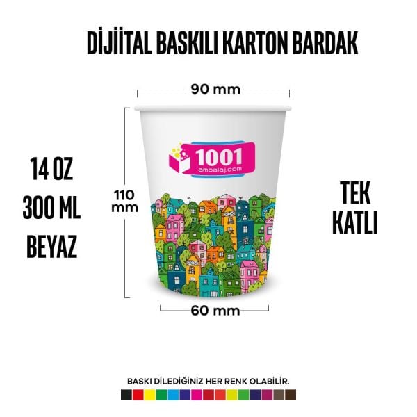 Dijital Baskılı 14 Oz Karton Bardak Tek Kat Duvarlı Beyaz Sicak Soğuk