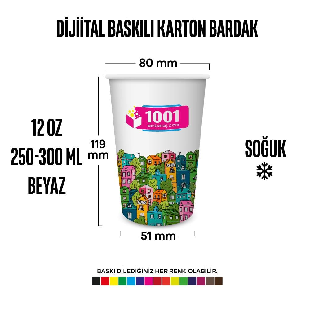 Dijital Baskılı 12 Oz Karton Bardak Tek Kat Duvarlı Beyaz Soğuk 10.000 ADET