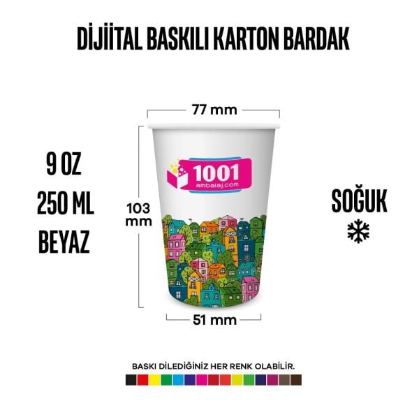 Dijital Baskılı 9 Oz Karton Bardak Tek Kat Duvarlı Beyaz Soğuk