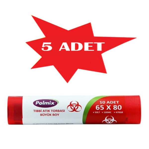 Çöp Torbası Polmix Tibbi Atik 65X80 Çift Kat Kırmızı 5 Paket