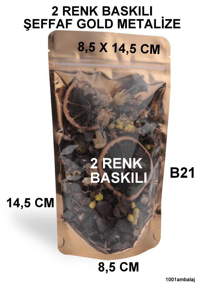8,5X14,5 Cm 2 Baskılı Ön Şeffaf Arka Gold Metalize Renk İki Taraf Tek Renk Doypack Torba 50 Gr /48/
