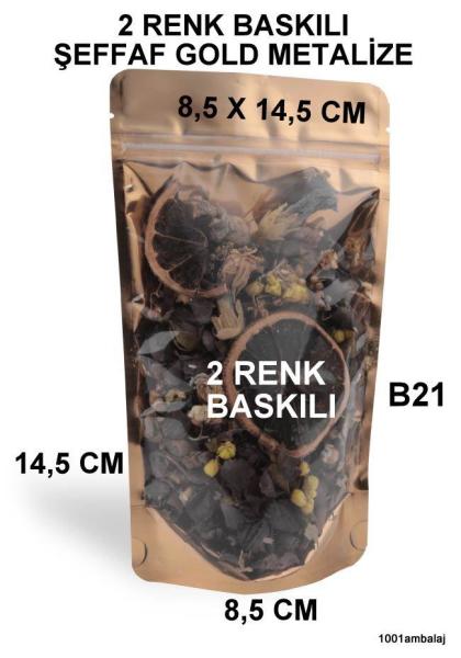 8,5X14,5 Cm 2 Baskılı Ön Şeffaf Arka Gold Metalize Renk İki Taraf Tek Renk Doypack Torba 50 Gr /48/
