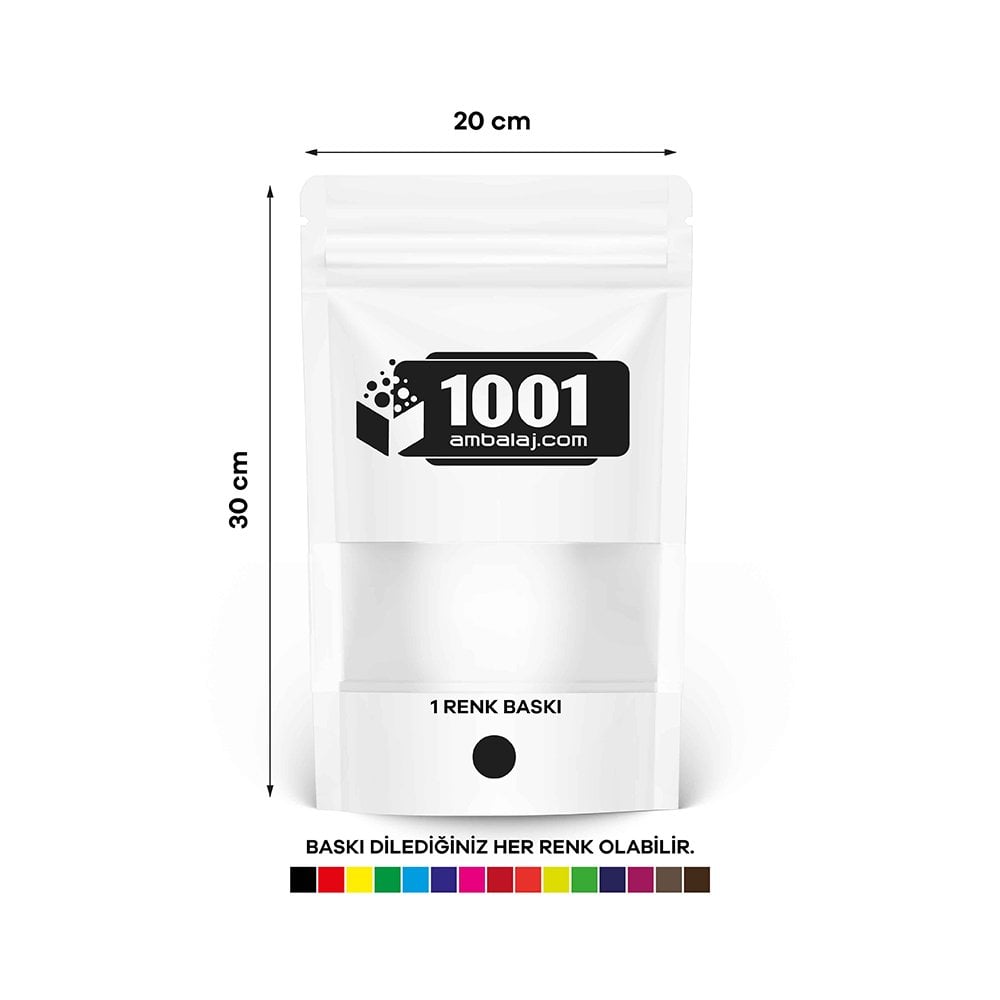20X30 Cm 1 Baskılı Beyaz Renkli Pencereli Tek Taraf Tek Renk Doypack Torba 1000 Gr /13/