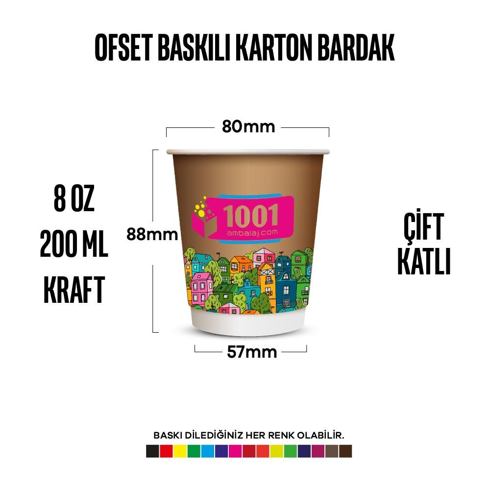 Ofset Baskılı 8 Oz Karton Bardak Çift Kat Duvarlı Kraft Sicak Soguk
