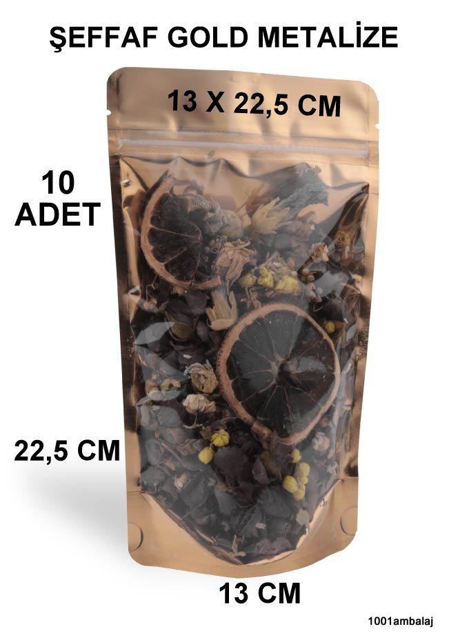13X22,5 Cm Ön Şeffaf Arka Gold Metalize Renk ** 10 Adet ** Kilitli Doypack Torba 250 Gr /50/