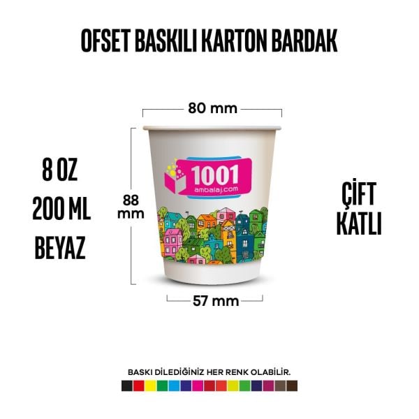 Ofset Baskılı 8 Oz Karton Bardak Çift Kat Duvarlı Beyaz Sicak Soğuk 7.000 ADET