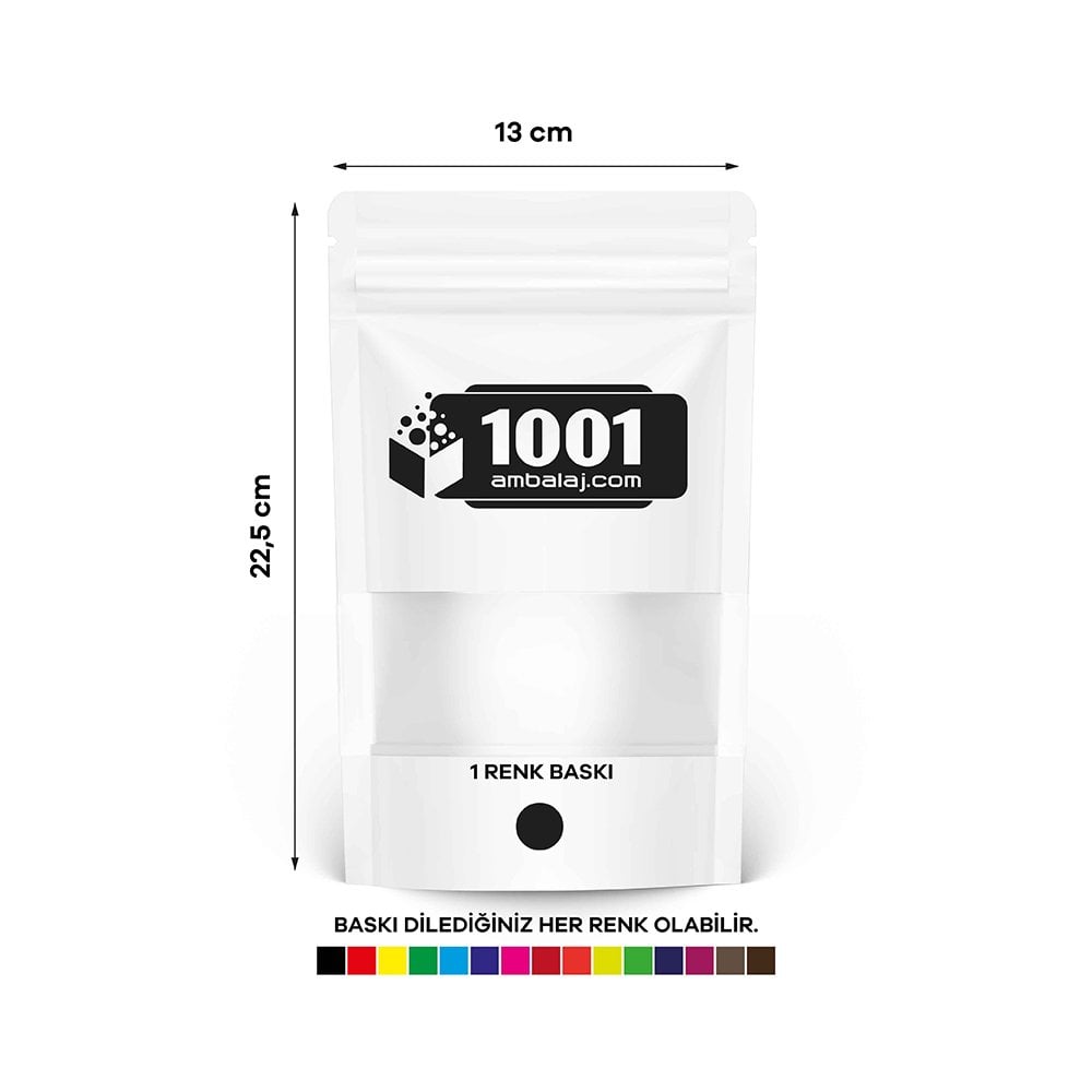 13X22,5 Cm 1 Baskılı Beyaz Renkli Pencereli Tek Taraf Tek Renk Doypack Torba 250 Gr /10/