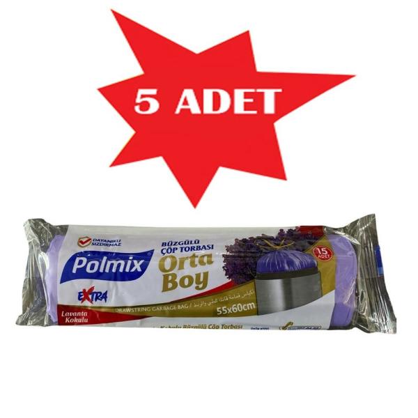 Çöp Torbası Polmix Büzgülü Çöp Orta Boy 55X60 Lavanta Kokulu 15 Li 5 Paket