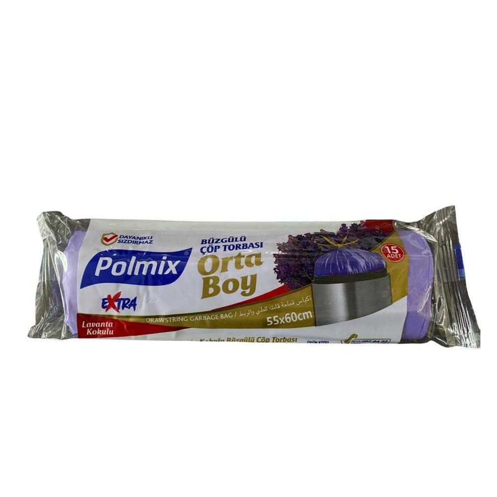 Çöp Torbası Polmix Büzgülü Orta Boy 55X60 Lavanta Kokulu 15 Li 1 Paket