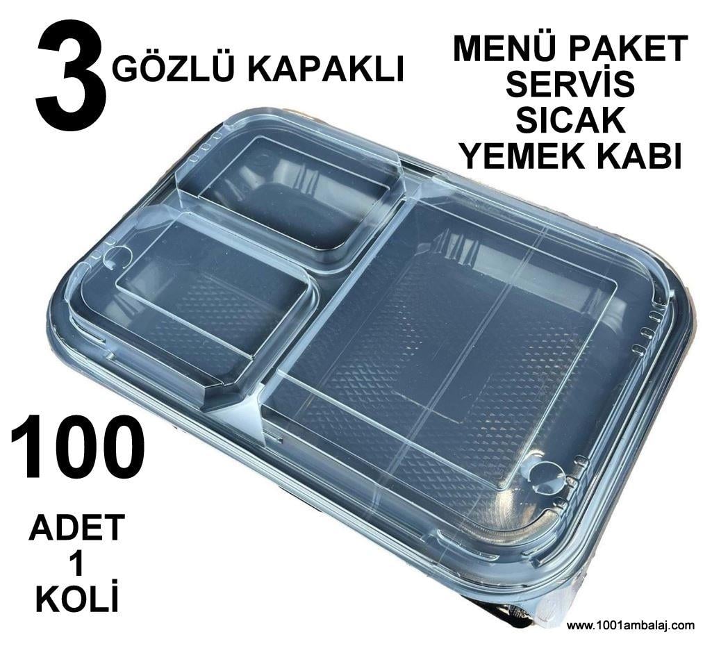 Menü Paket Servis Sicak Yemek kabı 3 Gözlü kapaklı 100 Adet 1 Koli