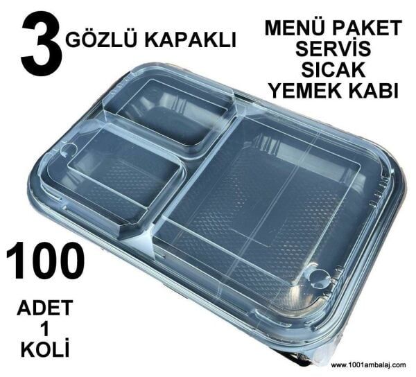 Menü Paket Servis Sicak Yemek kabı 3 Gözlü kapaklı 100 Adet 1 Koli