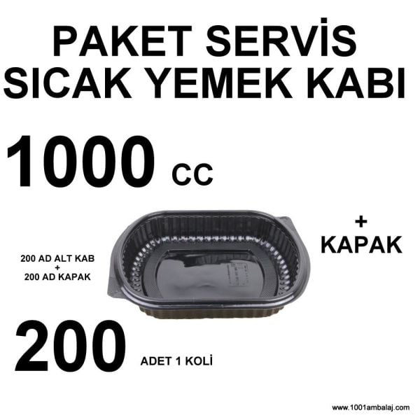 Paket Servis Sicak Yemek kabı kapaklı 1000 Cc 200 Adet 1 Koli