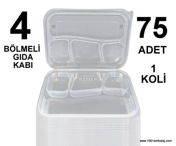 Kebap kabı 4 Bölmeli Gida kabı Kendinden kapaklı 75 Adet 1 Koli