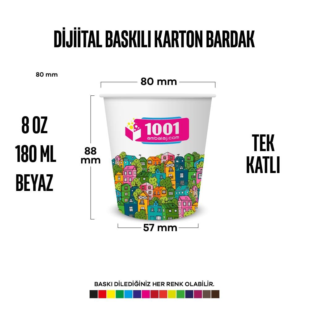 Dijital Baskılı 8 Oz Karton Bardak Tek Kat Duvarlı Beyaz Sicak Soğuk