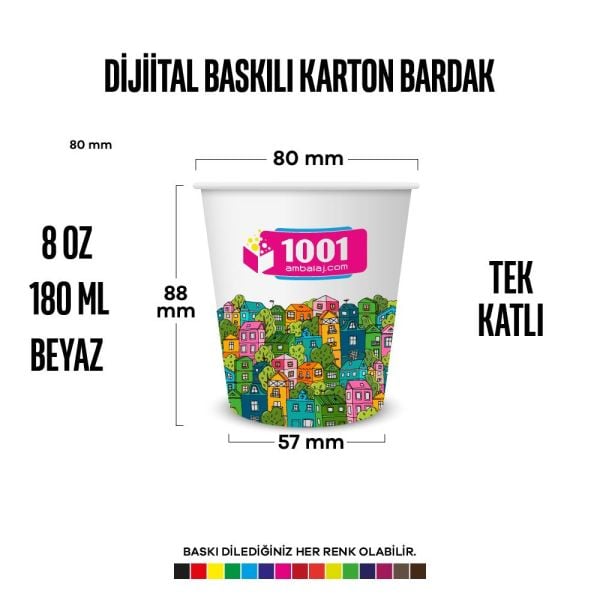 Dijital Baskılı 8 Oz Karton Bardak Tek Kat Duvarlı Beyaz Sicak Soğuk