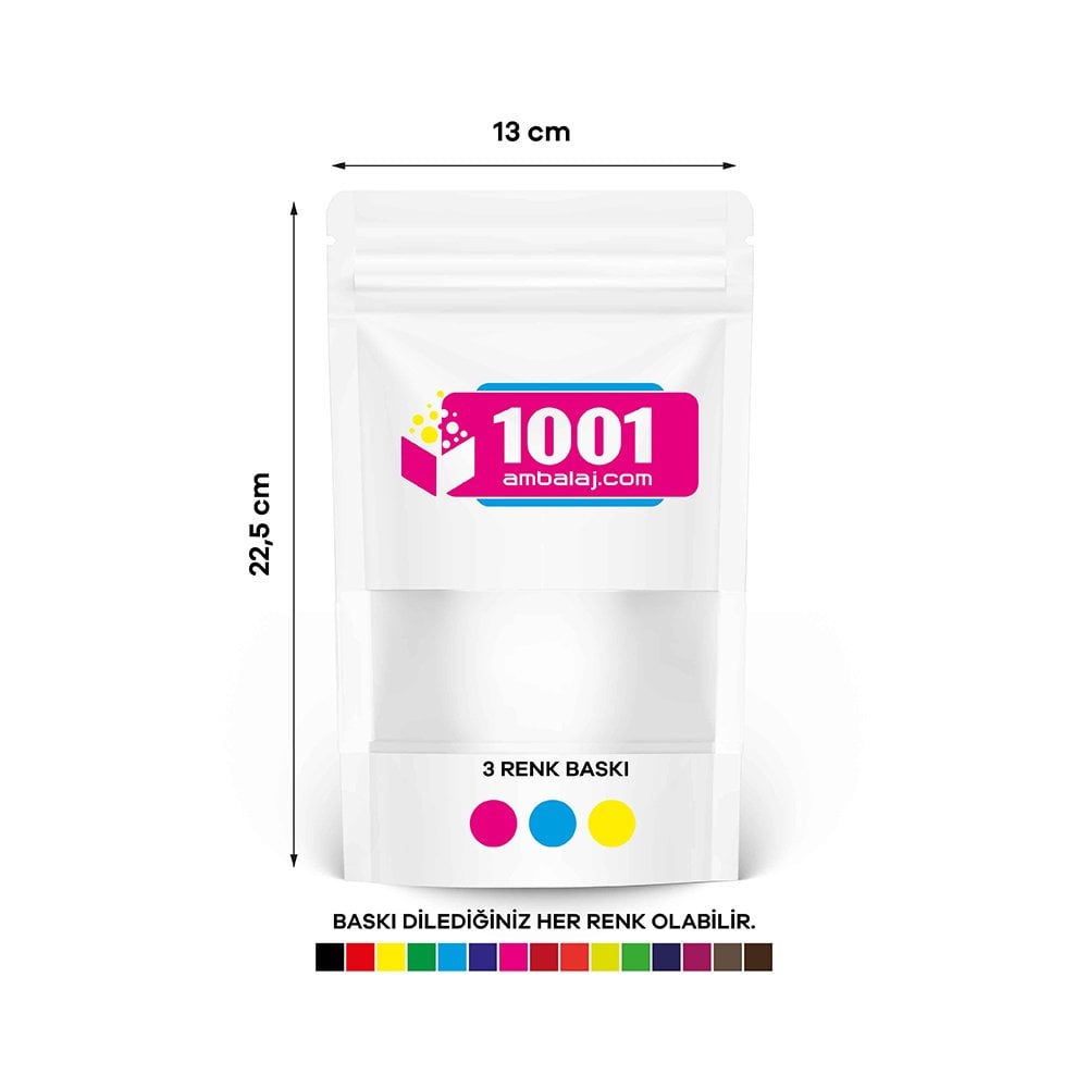 13X22,5 Cm 3 Baskılı Beyaz Renkli Pencereli Tek Taraf Üç Renk Doypack Torba 250 Gr /10/