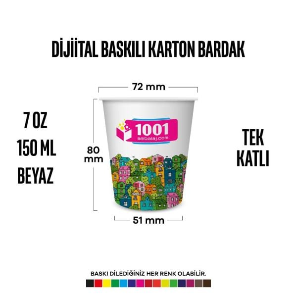 Dijital Baskılı 7 Oz Karton Bardak Tek Kat Duvarlı Beyaz Sicak Soğuk