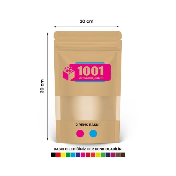 20X30 Cm 2 Baskılı Kraft Renkli Pencereli Tek Taraf İki Renk Doypack Torba 1000 Gr /42/